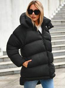 EURMUSE Women's Fashionable Versatile Solid Color Hooded Jacket, Winter - Black - View 5