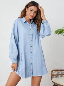 SHEIN LUNE Drop Shoulder Raw Cut Denim Shirt Dress - Light Wash - View 1