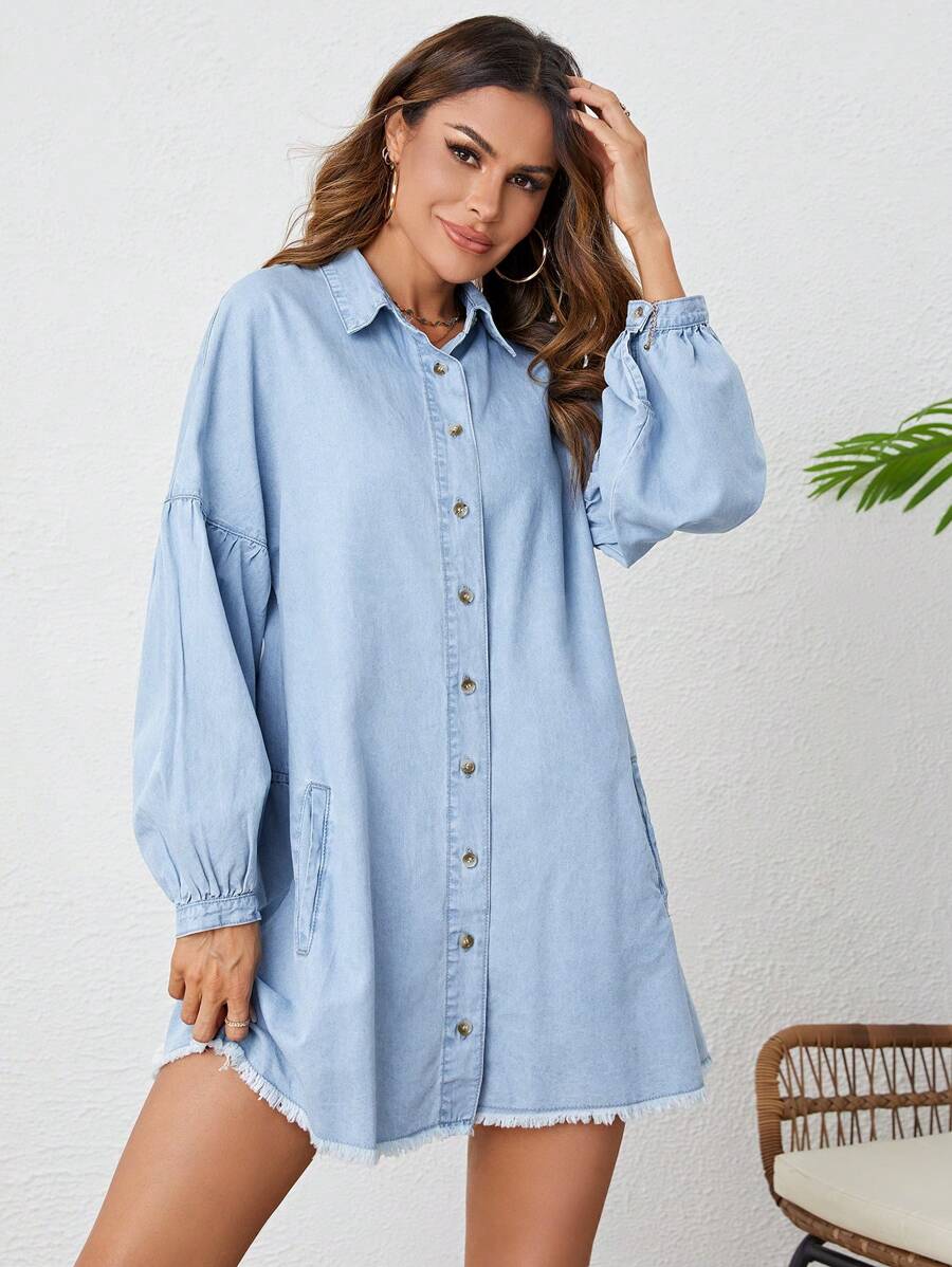 SHEIN LUNE Drop Shoulder Raw Cut Denim Shirt Dress - Light Wash - View 1