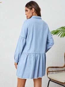 SHEIN LUNE Drop Shoulder Raw Cut Denim Shirt Dress - Light Wash - View 2