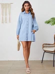 SHEIN LUNE Drop Shoulder Raw Cut Denim Shirt Dress - Light Wash - View 3