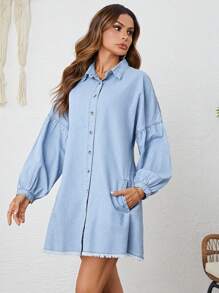 SHEIN LUNE Drop Shoulder Raw Cut Denim Shirt Dress - Light Wash - View 4