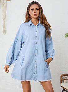 SHEIN LUNE Drop Shoulder Raw Cut Denim Shirt Dress - Light Wash - View 5