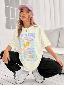 SHEIN EZwear 太陽&標語圖案落肩T恤 - 米色 - 查看 5