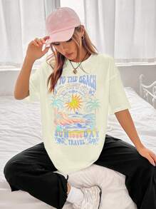 SHEIN EZwear 太陽&標語圖案落肩T恤 - 米色 - 查看 6