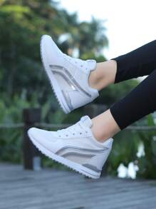 Fall/Winter Women's Breathable Height-Increasing Wedge Heel Thick Sole Sneakers - White - View 10