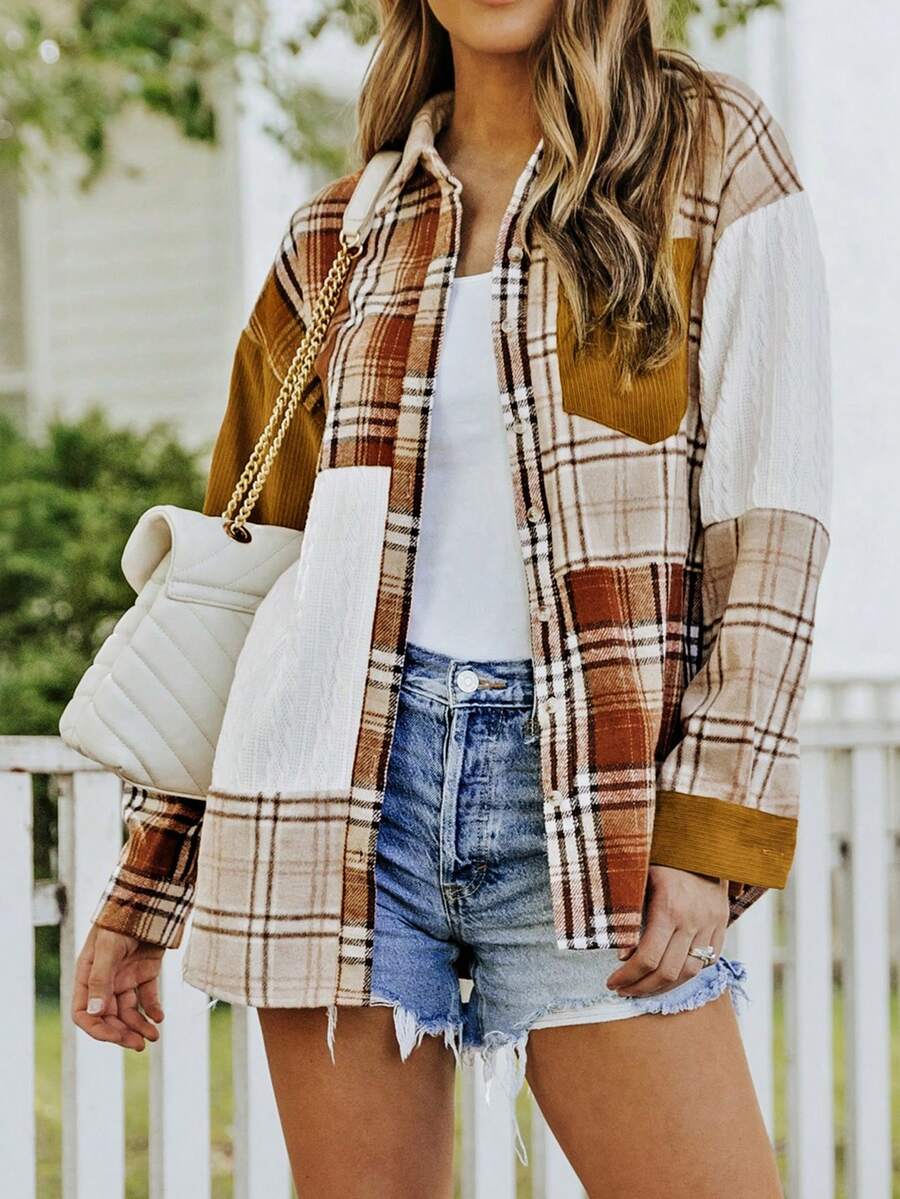 CILKOO Abrigo con estampado de cuadros de hombros caídos - Naranja - Ver 1