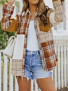 CILKOO Abrigo con estampado de cuadros de hombros caídos - Naranja - Ver 5