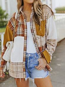 CILKOO Abrigo con estampado de cuadros de hombros caídos - Naranja - Ver 6