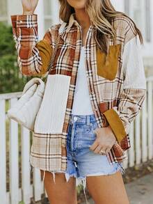 CILKOO Abrigo con estampado de cuadros de hombros caídos - Naranja - Ver 7