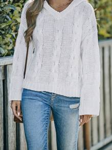 CILKOO Cable Knit Drop Shoulder Hooded Sweater - White - View 2