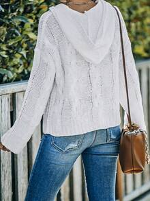CILKOO Cable Knit Drop Shoulder Hooded Sweater - White - View 3