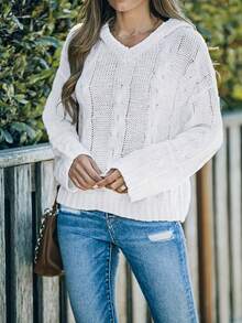 CILKOO Cable Knit Drop Shoulder Hooded Sweater - White - View 6
