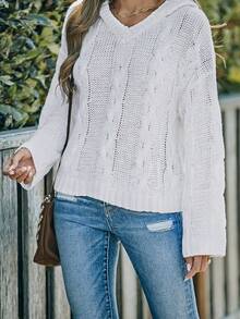CILKOO Cable Knit Drop Shoulder Hooded Sweater - White - View 7
