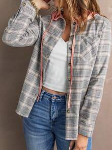 CILKOO 格紋印花抽繩連帽大衣 - 卡其色 - 查看 4