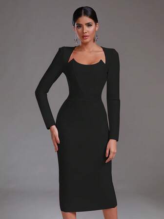 Modphy Solid Split Back Long Sleeved Bodycon Bandage Holiday Party Dress