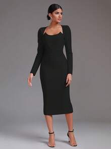 Modphy 纯色开衩后背长袖紧身绷带节日派对连衣裙 - 黑色 - 查看 3