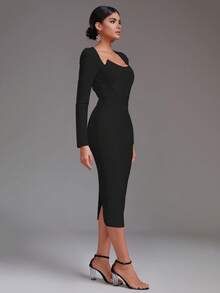 Modphy 纯色开衩后背长袖紧身绷带节日派对连衣裙 - 黑色 - 查看 4