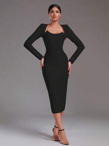 Modphy 纯色开衩后背长袖紧身绷带节日派对连衣裙 - 黑色 - 查看 5