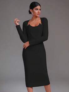 Modphy 纯色开衩后背长袖紧身绷带节日派对连衣裙 - 黑色 - 查看 7