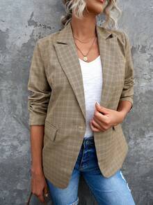 CILKOO In kẻ sọc Cổ áo Áo vest - Màu Khaki - Xem 5