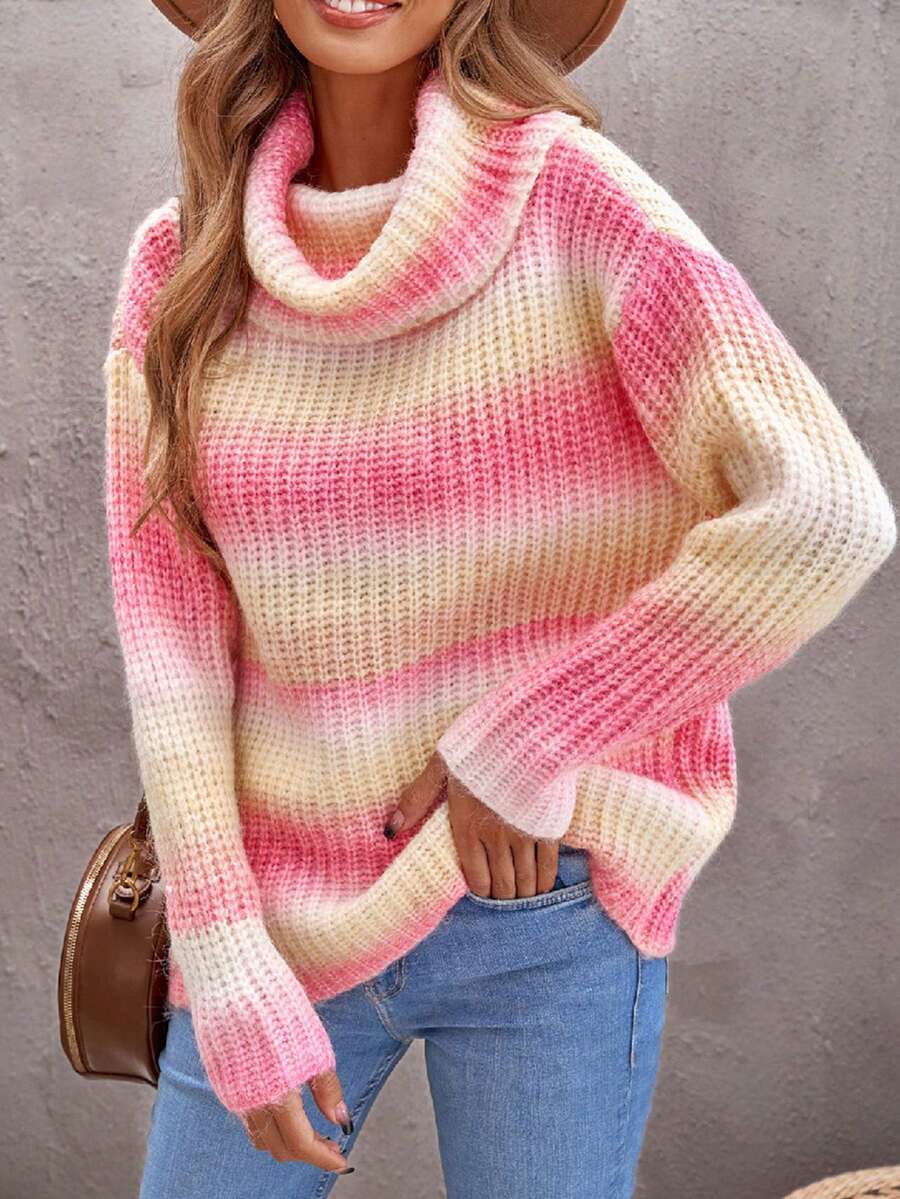 CILKOO Ombre Turtleneck Drop Shoulder Sweater - Multicolor - View 1