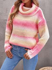 CILKOO Ombre Turtleneck Drop Shoulder Sweater - Multicolor - View 4