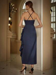 Eilly Bazar Ruffle Trim Wrap Hem Satin Cami Party Dress - Navy Blue - View 2