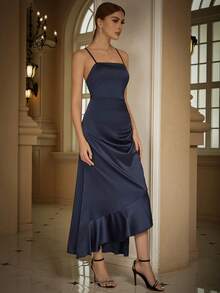 Eilly Bazar Ruffle Trim Wrap Hem Satin Cami Party Dress - Navy Blue - View 3