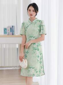 植物印花旗袍/中式長衫/服裝,完美適用於新年慶祝活動 - 彩色 - 查看 1