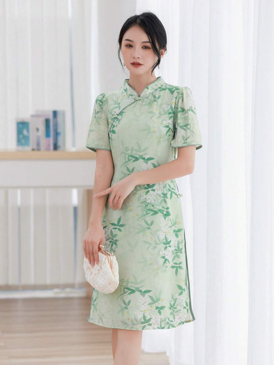 植物印花旗袍/中式長衫/服裝,完美適用於新年慶祝活動 - 彩色 - 查看 1