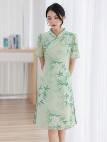 植物印花旗袍/中式長衫/服裝,完美適用於新年慶祝活動 - 彩色 - 查看 3