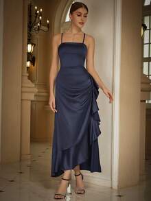 Eilly Bazar Ruffle Trim Wrap Hem Satin Cami Party Dress - Navy Blue - View 5