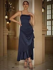 Eilly Bazar Ruffle Trim Wrap Hem Satin Cami Party Dress - Navy Blue - View 6