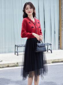 花卉刺繡網紗覆蓋毛衣裙 - 彩色 - 查看 1