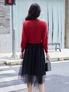 花卉刺繡網紗覆蓋毛衣裙 - 彩色 - 查看 2