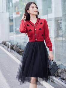 花卉刺繡網紗覆蓋毛衣裙 - 彩色 - 查看 3