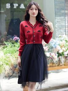 花卉刺繡網紗覆蓋毛衣裙 - 彩色 - 查看 4