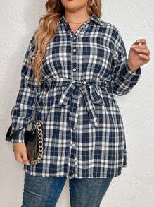 Plus Plaid Print Drop Shoulder Belted Shirt - Royal Blue - View 1