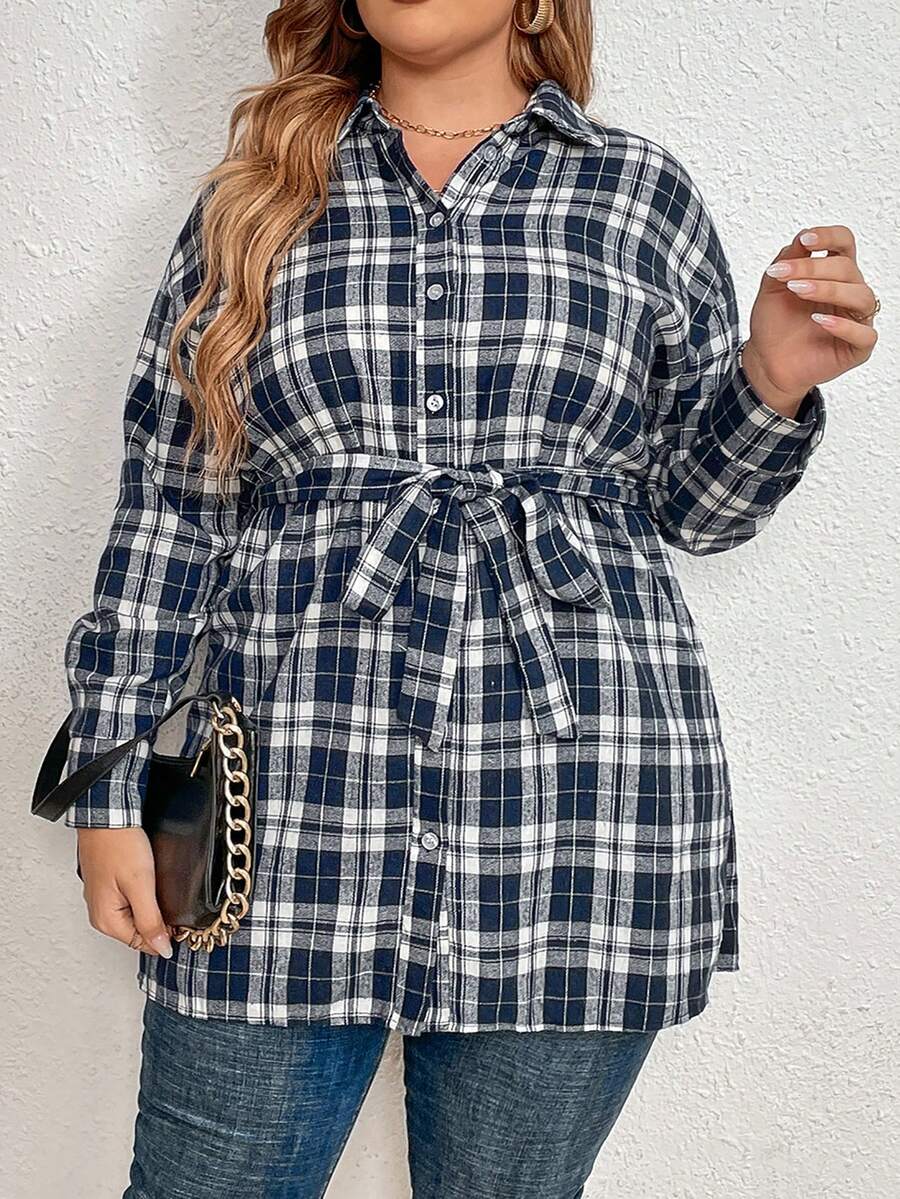 Plus Plaid Print Drop Shoulder Belted Shirt - Royal Blue - View 1