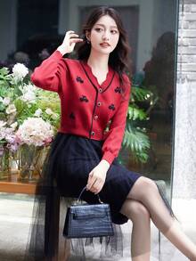 花卉刺繡網紗覆蓋毛衣裙 - 彩色 - 查看 5