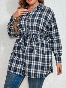 Plus Plaid Print Drop Shoulder Belted Shirt - Royal Blue - View 3