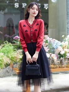 花卉刺繡網紗覆蓋毛衣裙 - 彩色 - 查看 8