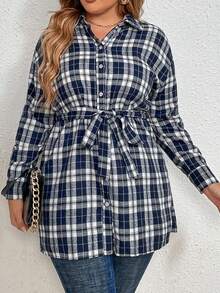 Plus Plaid Print Drop Shoulder Belted Shirt - Royal Blue - View 4