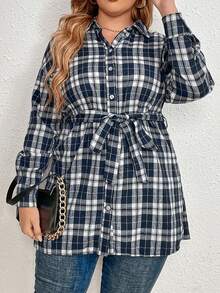 Plus Plaid Print Drop Shoulder Belted Shirt - Royal Blue - View 5