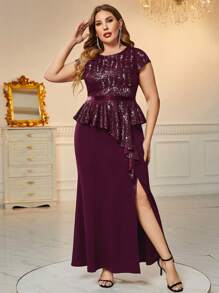 MIUSOL Plus Contrast Sequin Ruffle Trim Split Thigh Formal Party Fitted Dress - Burgundy - View 1