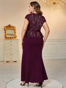 MIUSOL Plus Contrast Sequin Ruffle Trim Split Thigh Formal Party Fitted Dress - Burgundy - View 2