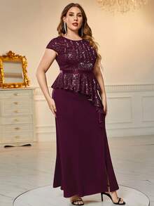 MIUSOL Plus Contrast Sequin Ruffle Trim Split Thigh Formal Party Fitted Dress - Burgundy - View 3