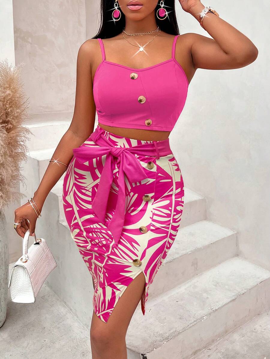AIJ Amarilo Women 2 Pieces Set: Solid Color Camisole & Random Floral Print Skirt - Hot Pink - View 1