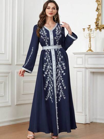 SISKAKIA Embroidered Abaya Kaftan Muslim Dress, Dubai Turkey Style V-Neck Ankle-Length Lace Trim Long Sleeve With Belt, Modest Moroccan Kaftan For Ramadan